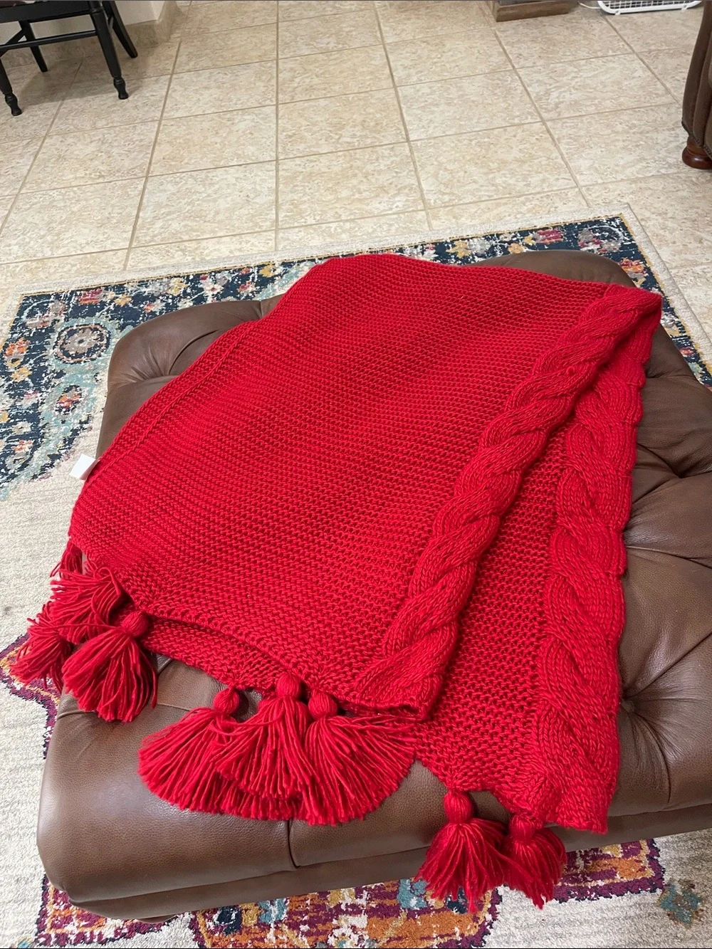 Red Chunky Knit Throw Blanket with Braided Edge & Tassels 62 x 54.